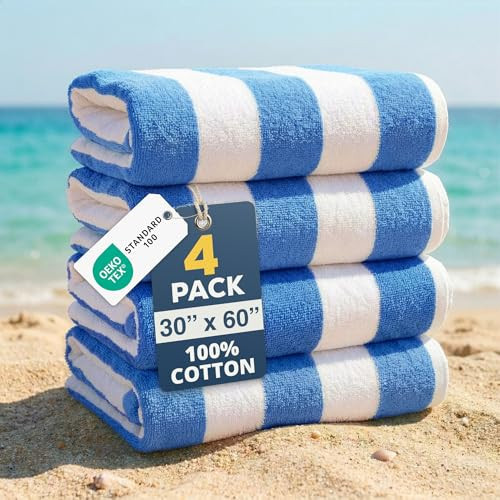 LANE LINEN Beach Towels 4 Pack - 520 GSM 100% Ringspun Cotton Beach Towel - 30" x 60" Beach Towels Oversized, Thick & Highly Absorbent - Quick Dry Towel Set for Holiday Travel & Vacation - Light Blue | Amazon (US)