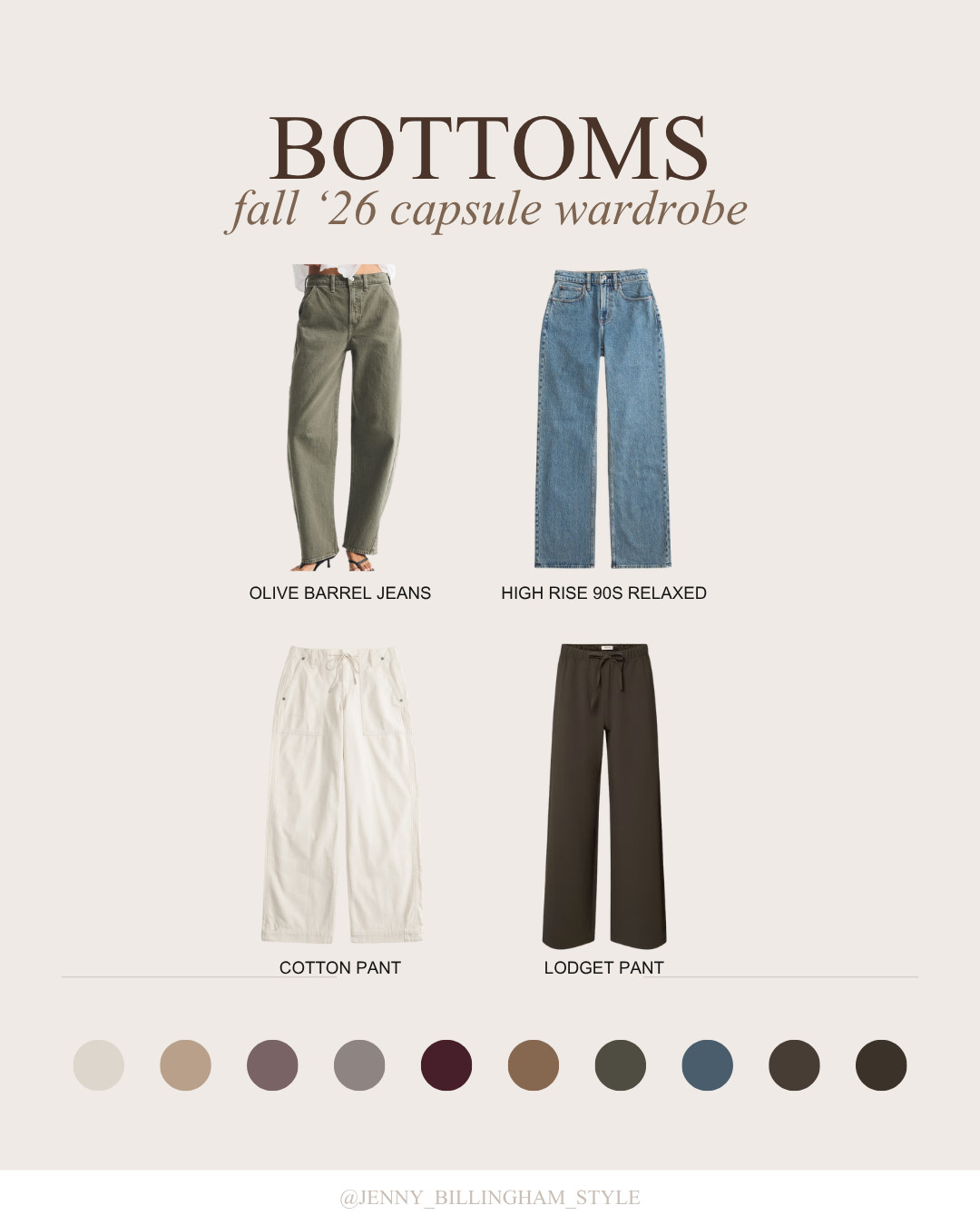 fall capsule wardrobe bottoms 🍂 four versatile pairs that give you completely different outfit options without overfilling your closet. a mix of denim, relaxed trousers + rich fall neutrals that pair effortlessly with sweaters, jackets, sneakers, loafers and boots.

fall capsule wardrobe, fall pants for women, fall jeans 2026, barrel jeans, wide leg jeans, high rise jeans, relaxed jeans, olive jeans, cream pants, wide leg pants, brown trousers, casual fall outfits, fall outfit ideas, capsule wardrobe essentials, everyday mom outfits, elevated casual style, minimalist wardrobe, timeless fall style 

 #LTKootd #LTKSeasonal