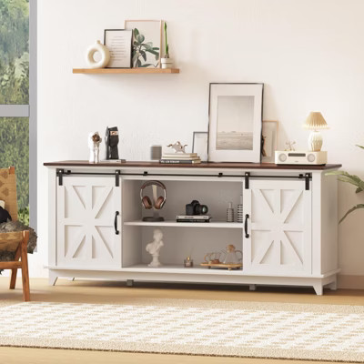 Home Farmhouse TV Stand for 75 in Television, Wood Entertainment Center with Storage & Barn Doors | Target