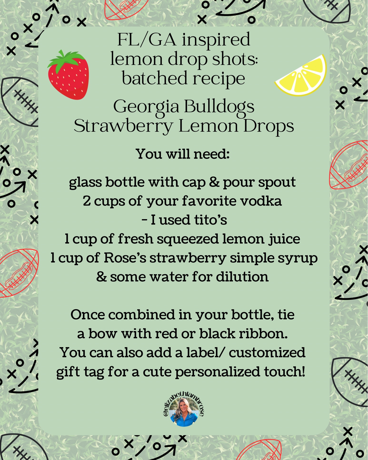 here’s my twist on FL/GA inspired shots!!
Georgia Bulldogs Strawberry lemon drops!!❤️❤️🖤🖤
so adorable!
these are so easy and will turn out so good!!
play around with the recipe too and figure out what works for you! i will be using a little less lemon juice and vodka since I may not have enough lol
I also added the tags I made on Canva! so cute
inspo from @cocktailsandcardio on tiktok!!
❤️🖤

#LTKSeasonal #LTKParties #LTKU
