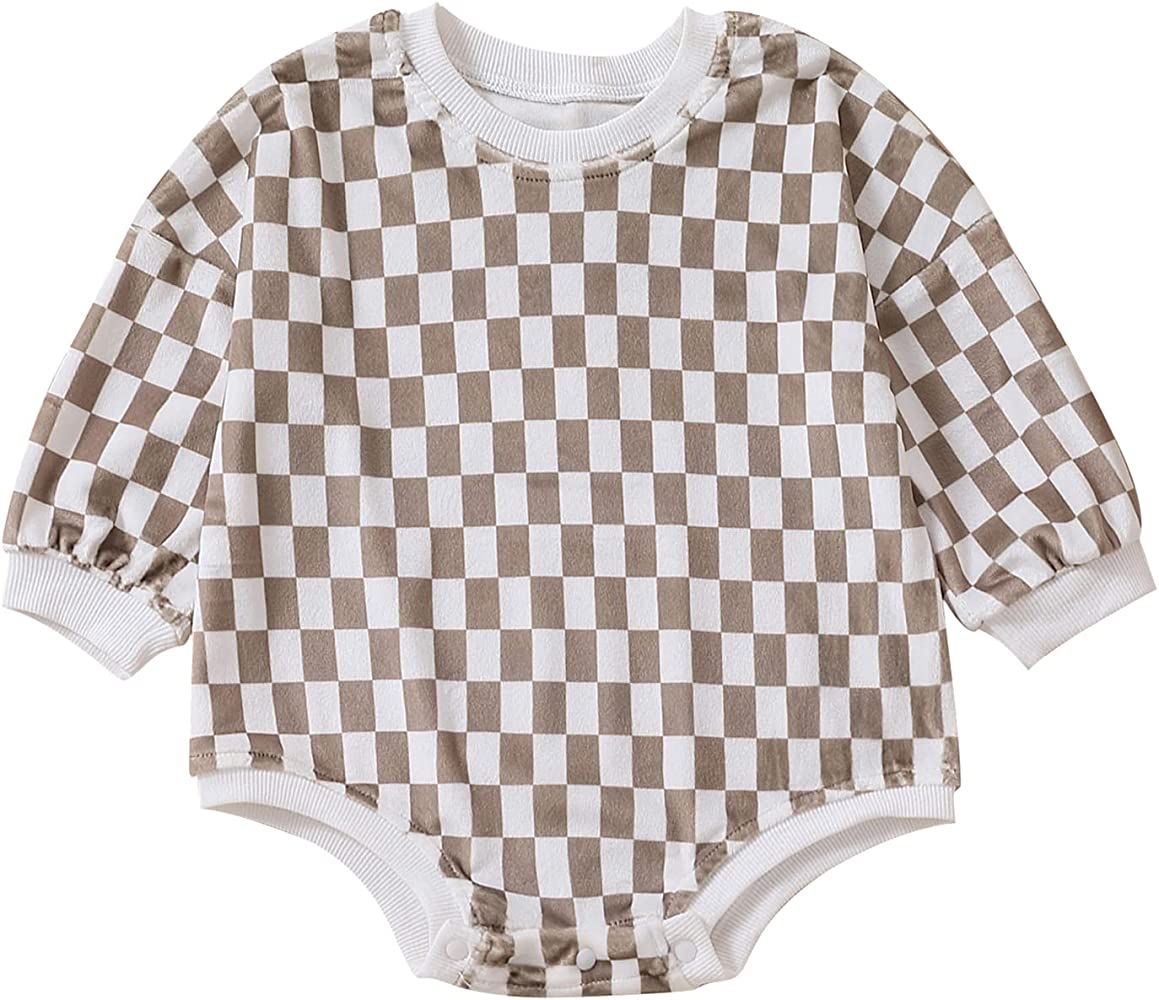 Baby Neutral Clothes Checkerboard Crewneck Sweatshirt Romper Oversized Long Sleeve Plaid Bubble Body | Amazon (US)