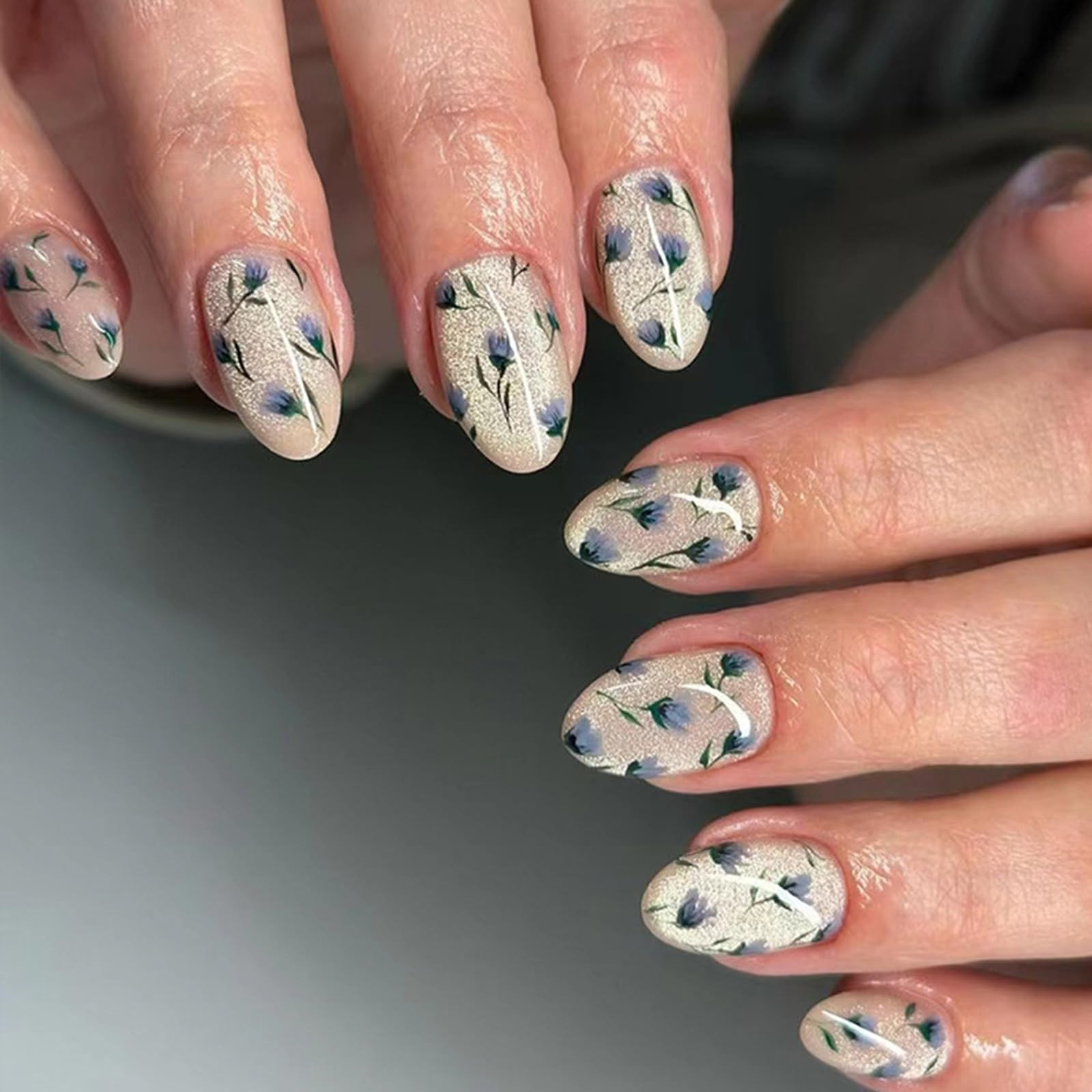 30 Pcs Almond Shape Press on Nails Short Floral Pattern Fall Fake Nails Press ons Reusable Glue o... | Amazon (US)