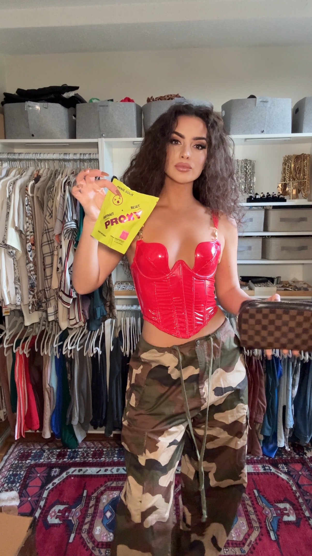 Camo pants & red patent corset 