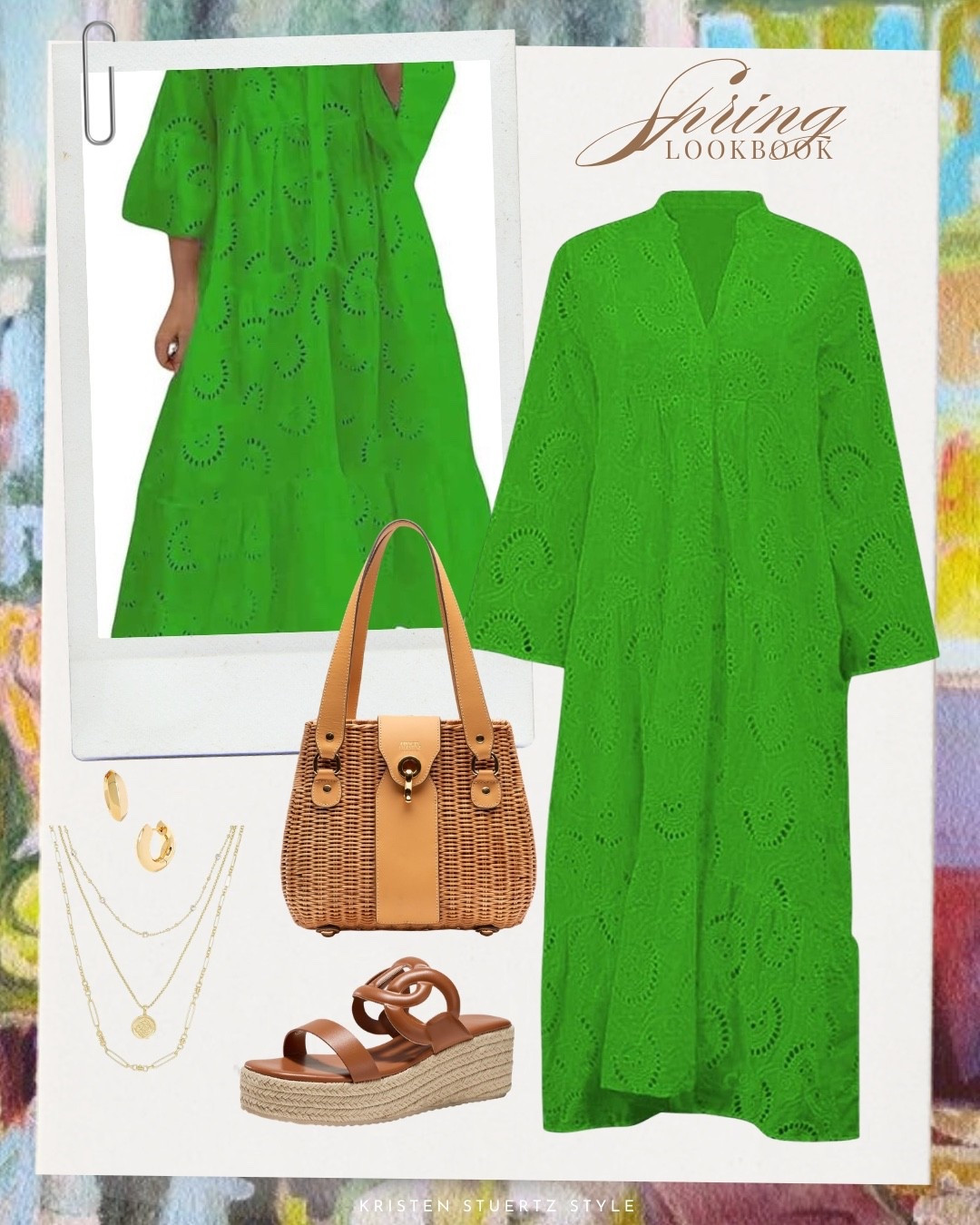 A bright green eyelet maxi dress. A colorful maxi dress paired with a Frances Valentine basket bag, brown wedge sandals, and gold accessories.

@ltk #vacation outfits beach #date night outfits #resort wear 2026 #ltkshoecrush 

#LTKOver40 #LTKTall #LTKootd

#LTKootd #LTKTall #LTKOver40