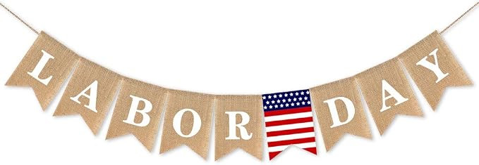 SWYOUN Burlap Labor Day Banner With USA Flag Mantel Fireplace Supplies Bunting Garland Decoration | Amazon (US)