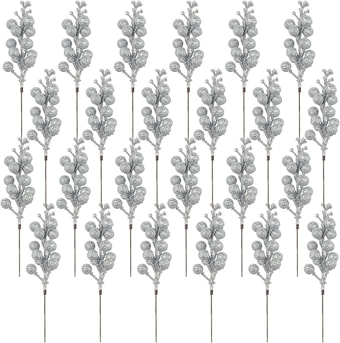 Crafare 24 Pack Silver Christmas Glitter Berries Stems Artificial Christmas Tree Picks for Holida... | Amazon (US)