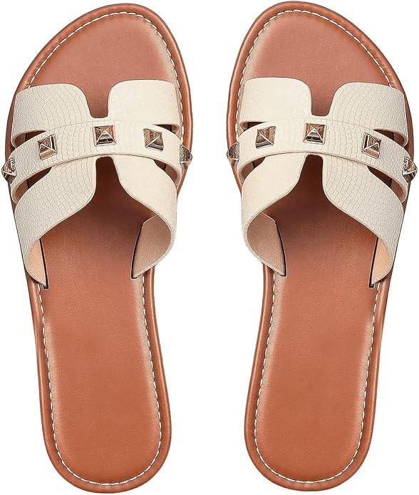 Floerns Women's Studded Cut Out Flat Sandal Open Toe Leather Slip on Beach Shoes       Send to Lo... | Amazon (US)