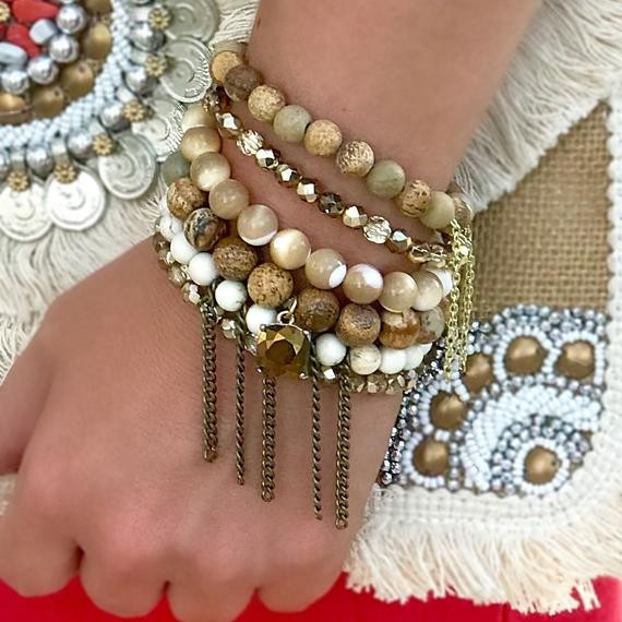 Creme Brulee, bracelet stack, cream, bronze, white, beaded bracelets | Etsy (US)