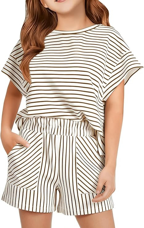 CharmWM Girls 2 Piece Outfits Summer Striped T Shirt and Elastic Waist Shorts Kids Clothing Sets | Amazon (US)