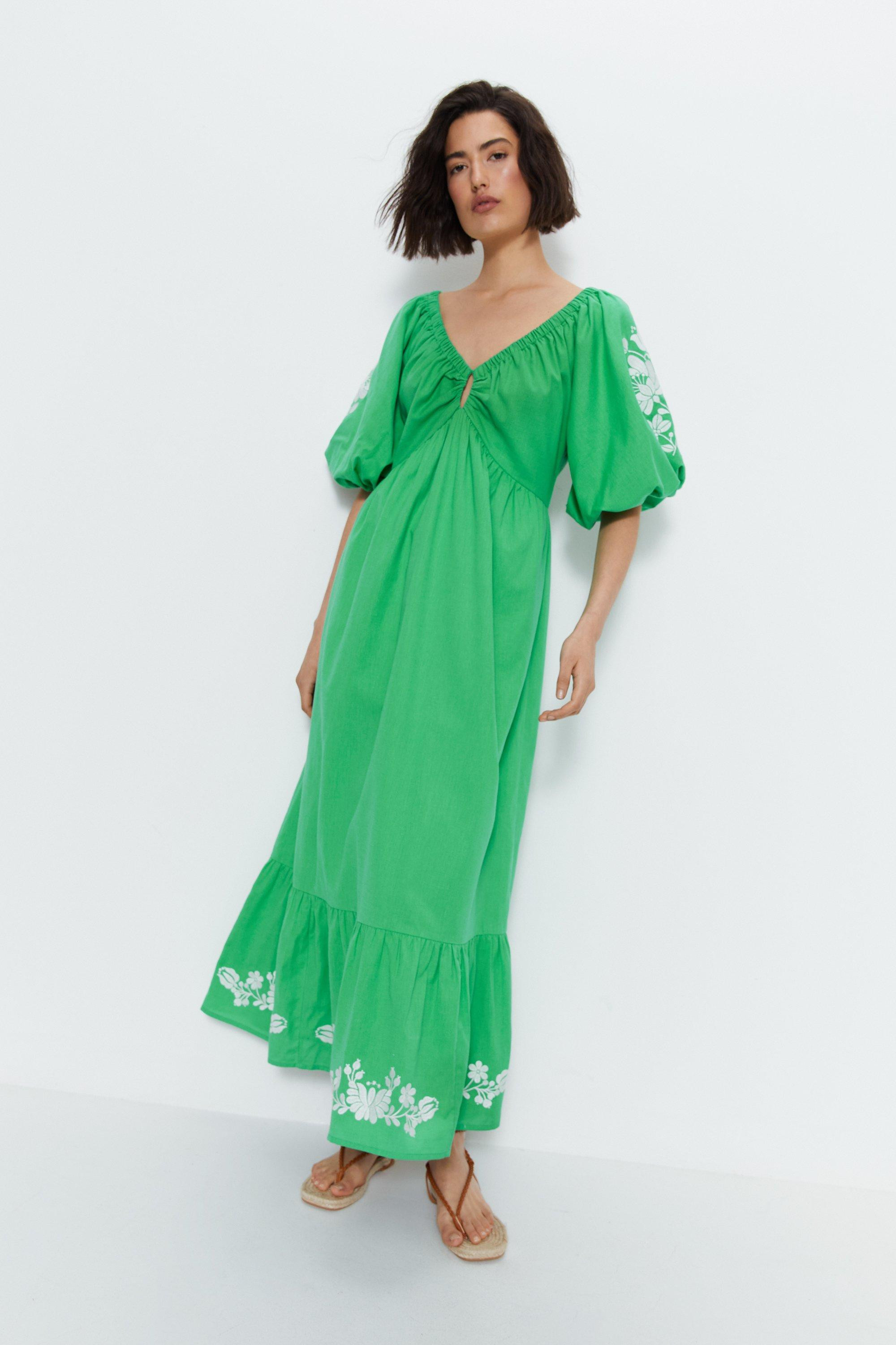 Embroidered Puff Sleeve Midi Dress | Warehouse UK & IE