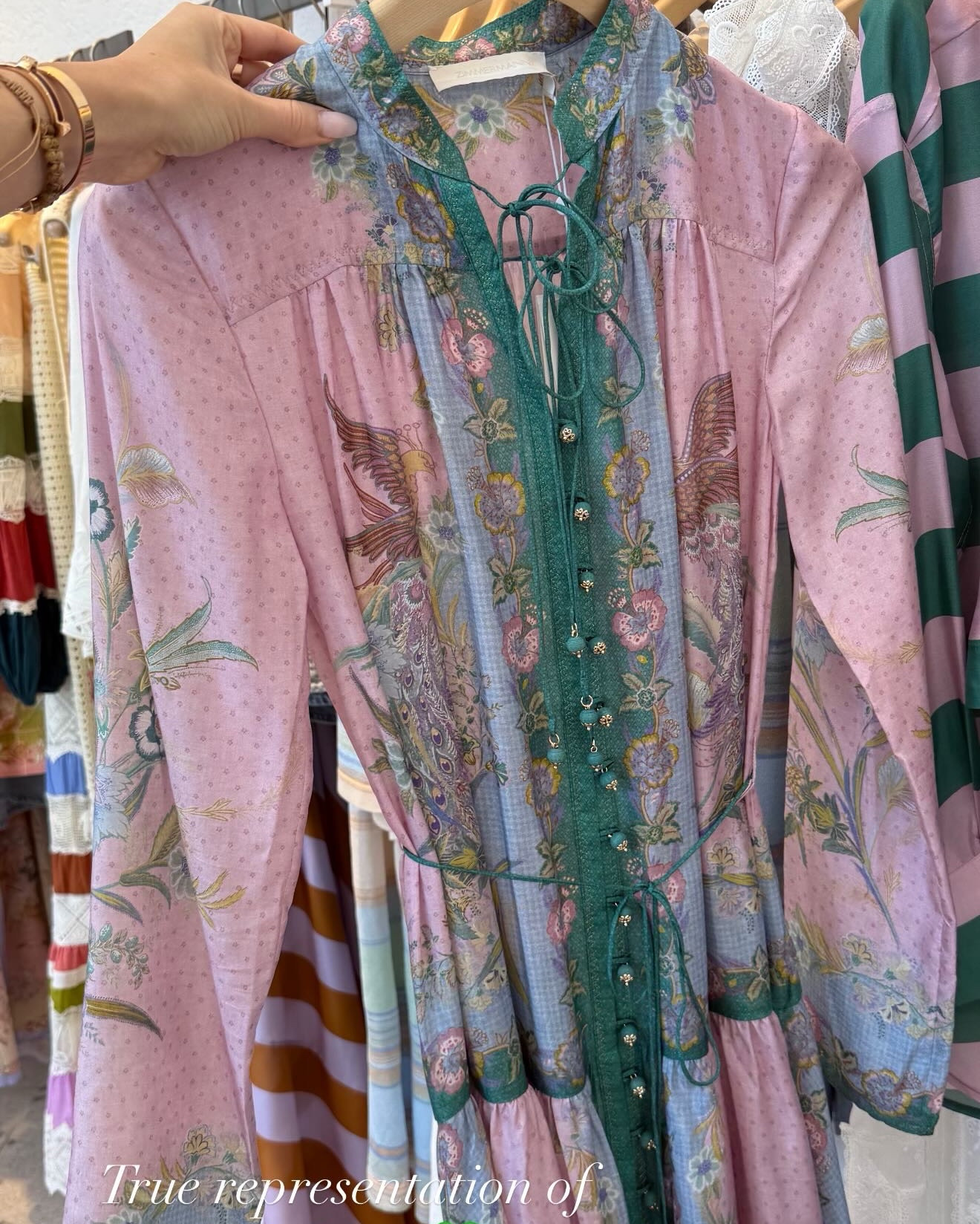 Wonderful color combo with green and purple pink in this silky Zimmermann dress from the spring/summer 2026 collection. Beautiful buttons and details. Runs big, I had to size down. Wearing a size 0. 

#LTKSeasonal #LTKootd #LTKWedding