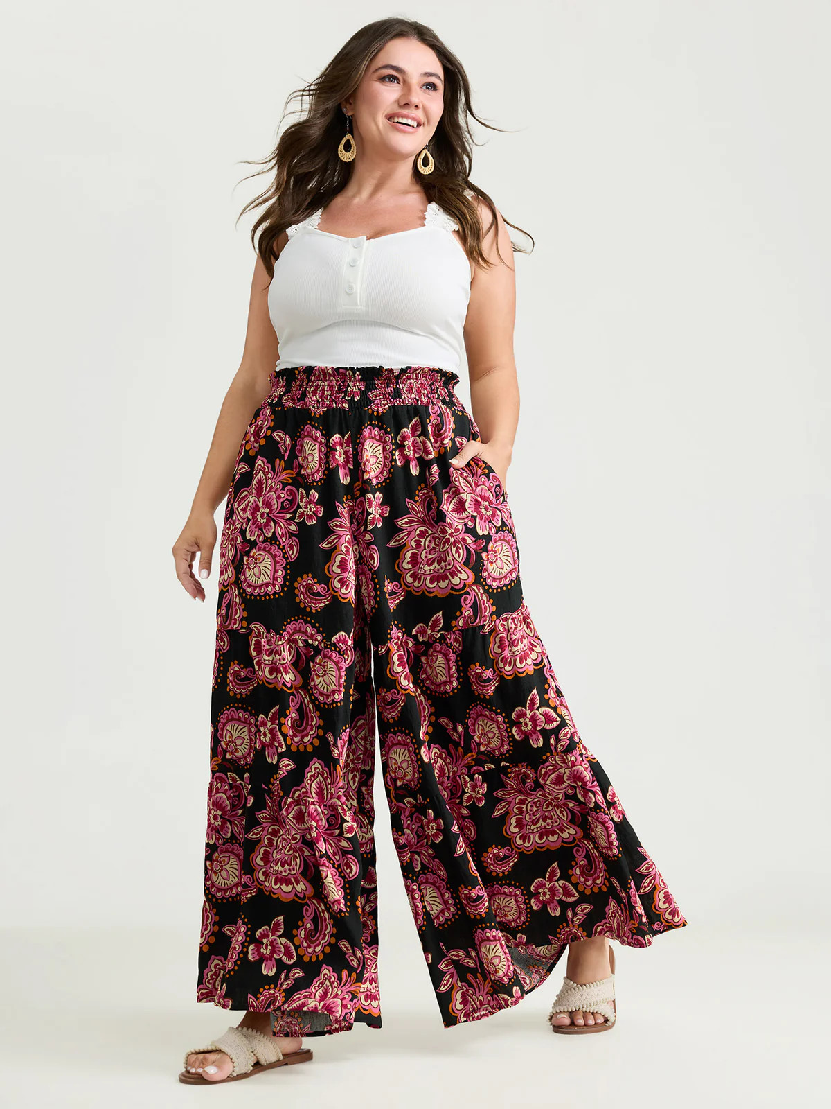 Large Floral Print Wide Shirred Waistband Pants | Bloomchic