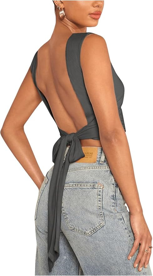 OYOANGLE Women's Sleeveless Bow Tie Backless Ruched Crop Tank Tops Ribbed Summer Trendy Top | Amazon (US)