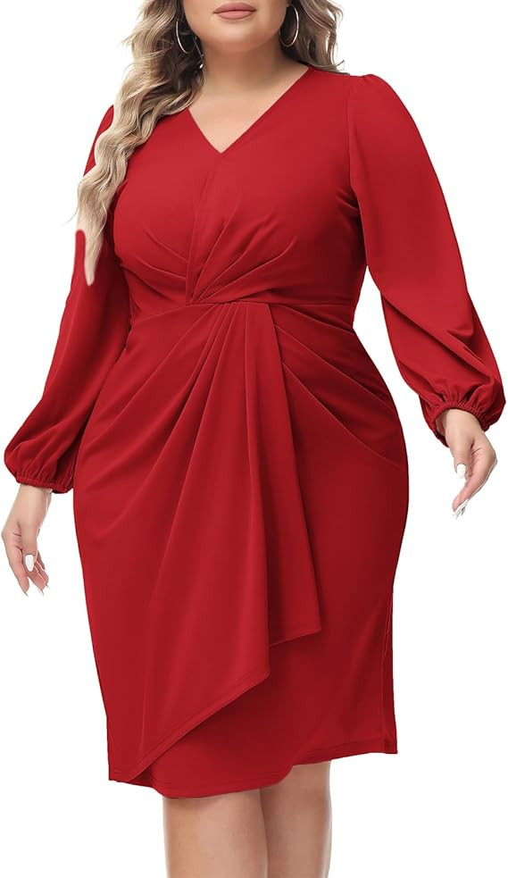 Hanna Nikole Womens Plus Size Ruched Wrap Cocktail Dresses Long Puff Sleeve Wedding Guest Midi Dr... | Amazon (US)