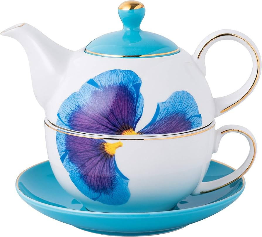 Jusalpha Blue Petal Classic Teapot- Tea cup- Saucer Set, Tea-for-One set #07 (Blue) | Amazon (US)