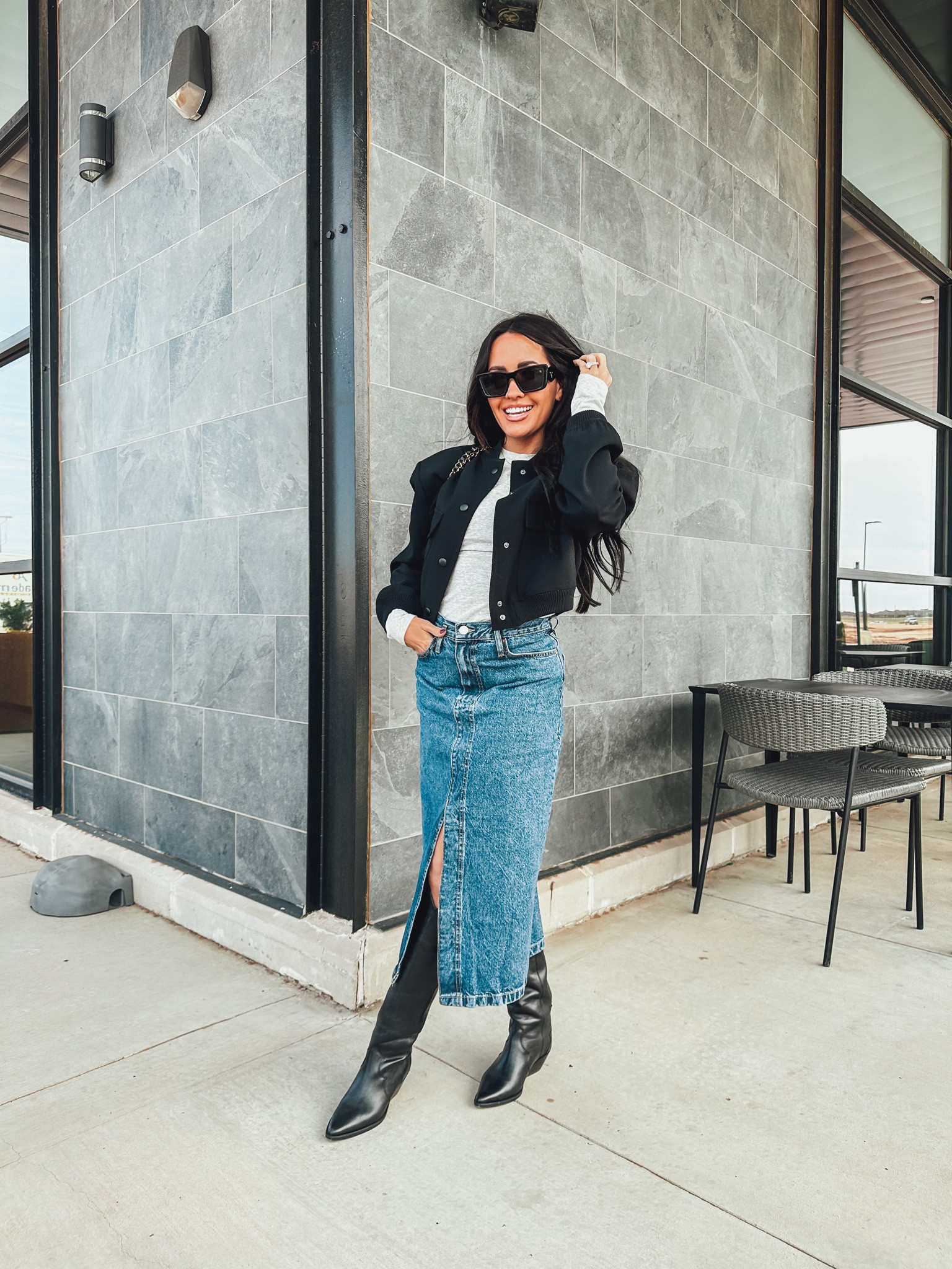 Denim maxi skirt - denim midi skirt - denim skirt outfit - outfit of the day - western boot ootd - zara bomber jacket - skims tee - skims favorites 

#LTKfit #LTKstyletip #LTKFind