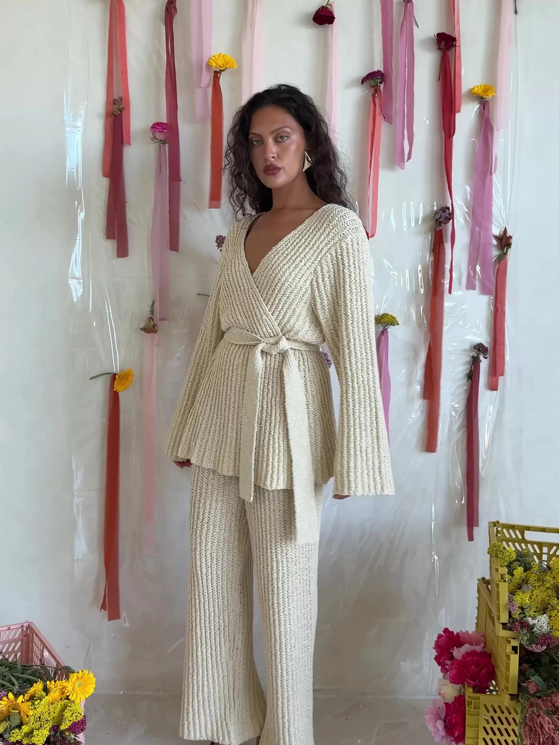 Cream Ribbed Knit High Waist Noble Pants | Sabo Skirt US