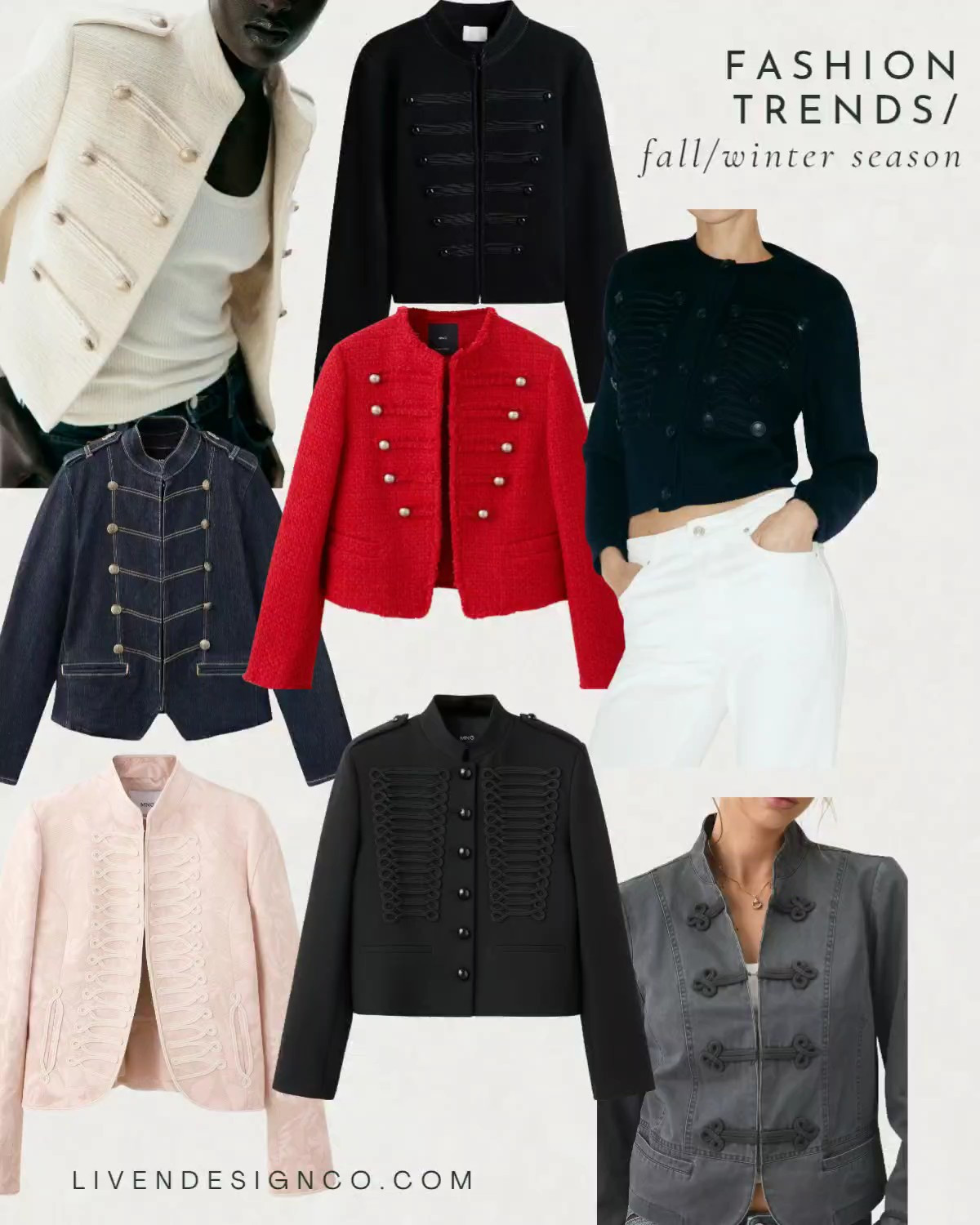 Frogging detailed jacket. Military jacket. Fall style. Outfit inspo. Style inspiration. Red jacket. Tweed jacket. Cropped jacket. Napoleon jacket. Band jacket. 

#LTKSeasonal #LTKSaleAlert