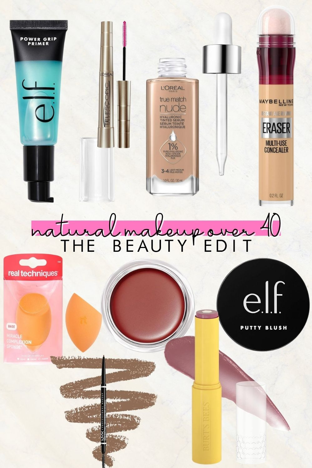My go-to natural makeup routine for over 40, all from Amazon. It starts with a grippy primer and a hyaluronic tinted serum instead of heavy foundation. Then I add a brightening concealer, a creamy putty blush, a fine brow pencil, lengthening mascara, and a tinted balm, and blend it all with a sponge. It looks fresh, soft, and like your skin, only better. #naturalmakeup #makeupover40 #amazonbeauty #drugstoremakeup #nomakeupmakeup 

 #LTKdayinmylife #LTKmorningroutine #LTKOver40