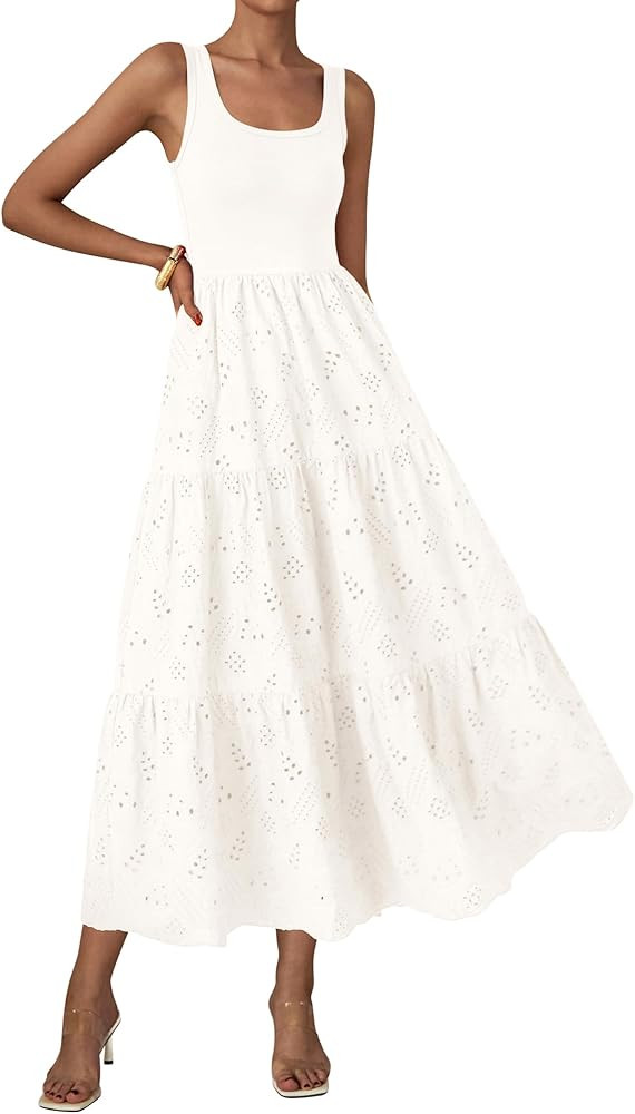 BTFBM Women Summer Eyelet Midi Dresses Casual Spring 2025 Sleeveless A Line Flowy Vacation Beach ... | Amazon (US)