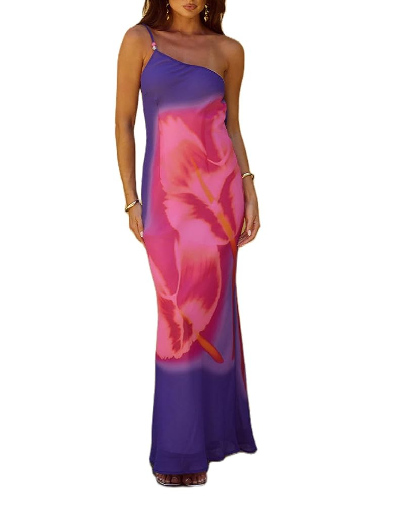 Women Flower Print Maxi Dress Spaghetti Strap Floral Slip Dress Y2k Backless Slim Fit Long Bodyco... | Amazon (US)