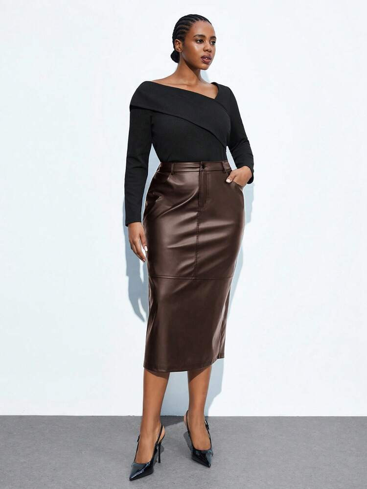 Maija Plus Size Women's PU Leather Back Slit Bodycon Skirt, Elegant For Urban Commute, Business, Christmas, New Year Party Brown Leather Skirt Elegant Skirt Long Skirt Midi Skirt Skinny Skirt | SHEIN