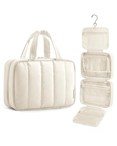 BAGSMART Travel Toiletry Bag for women, Portable Hanging Hook Makeup Bag Organizer, Waterproof Makeup Cosmetic Bag, for Full-Size Accessories, Toiletries, Beige | Amazon (US)