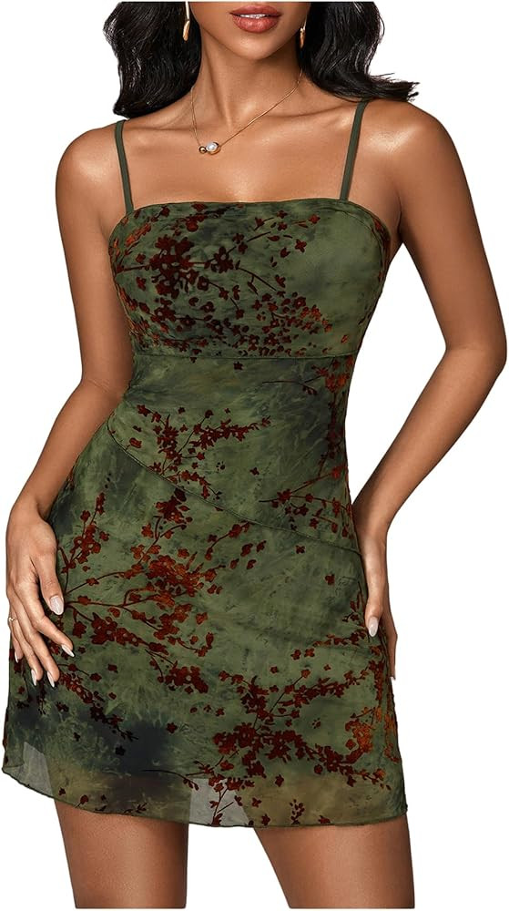 BEAUDRM Women's Floral Cami Dress Goth Mini Dress Retro Vintage Mesh Fitted Bodycon Mini Dresses | Amazon (US)