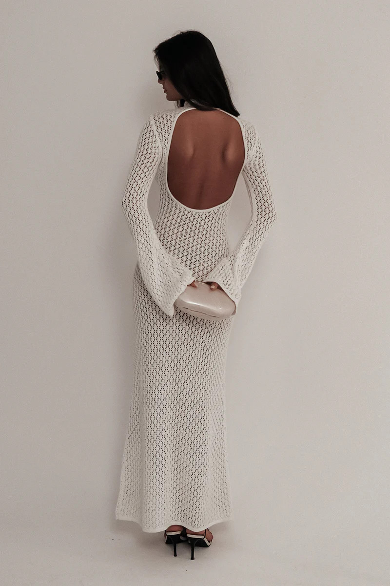 Julia Crochet Open Back Maxi Dress - White | MESHKI US