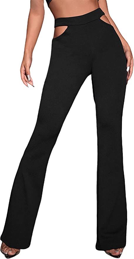 SheIn Women's Cut Out Elastic High Waist Flare Leg Pants Bell Bottom Trousers Black XS at Amazon ... | Amazon (US)