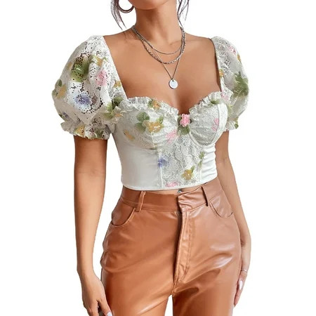 Blotona Womens Sexy Bustier Corset Top Long Sleeve Square Neck Mesh Crop Tops Vintage Floral White B | Walmart (US)
