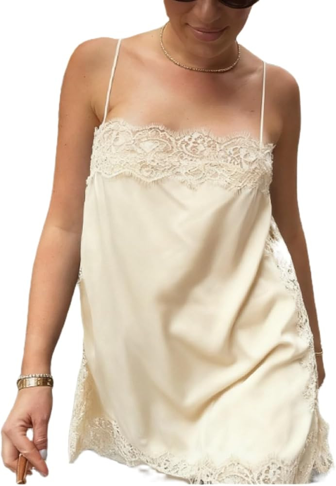Yoawdats Women Satin Lace Long Tank Tops Sleeveless Silk Camisole Lace Trim Square Neck Silk Spag... | Amazon (US)