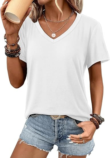 ATHMILE Womens V Neck Short Sleeve Summer T Shirts Curved Hem Plain Top Beach | Amazon (US)