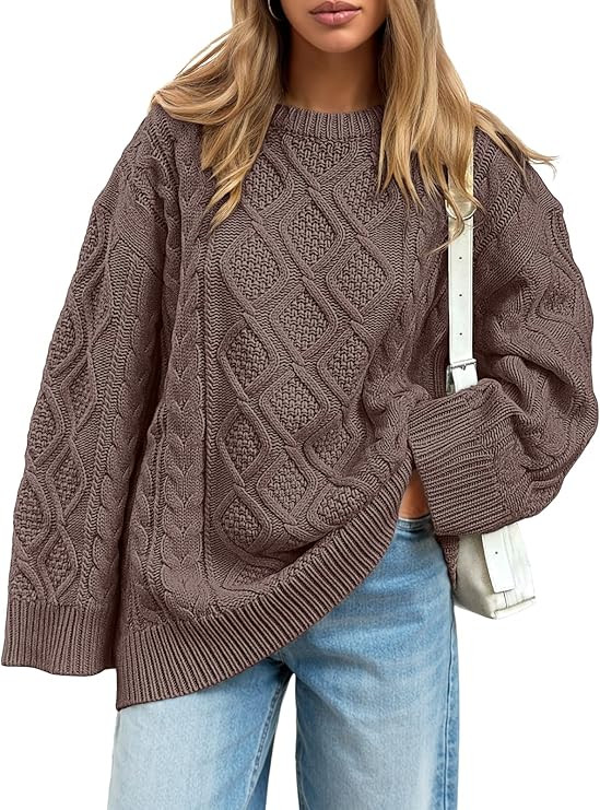 Trendy Queen Women's Oversized Cable Knit Crewneck Sweaters Cozy Winter Clothes | Amazon (US)