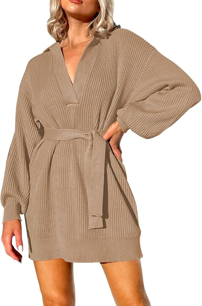 Pink Queen Women's 2024 Fall Oversized Sweater Dress Collared V Neck Ribbed Knit Long Sleeve Pull... | Amazon (US)