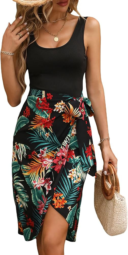 GORGLITTER Women's Tropical Print Knot Side Wrap Hem Dress Sleeveless Tie Scoop Neck Tank Dress | Amazon (US)