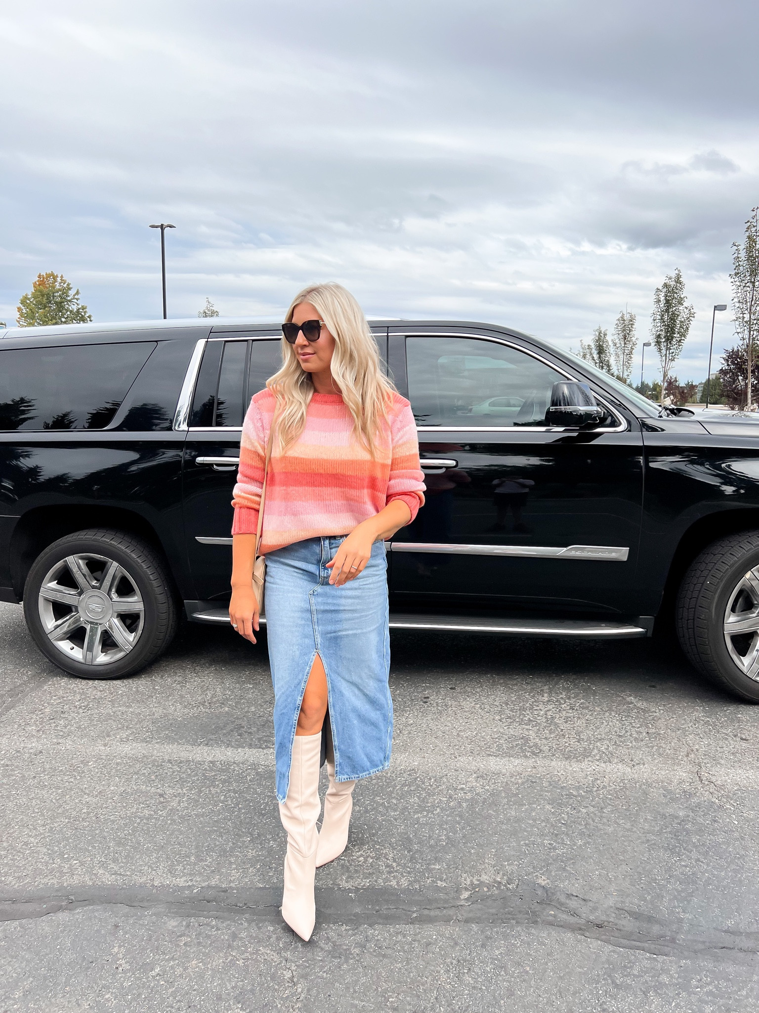 Denim midi skirt 
Sweater 
Knee high boots 
Fall outfit 

#LTKstyletip #LTKSeasonal #LTKshoecrush