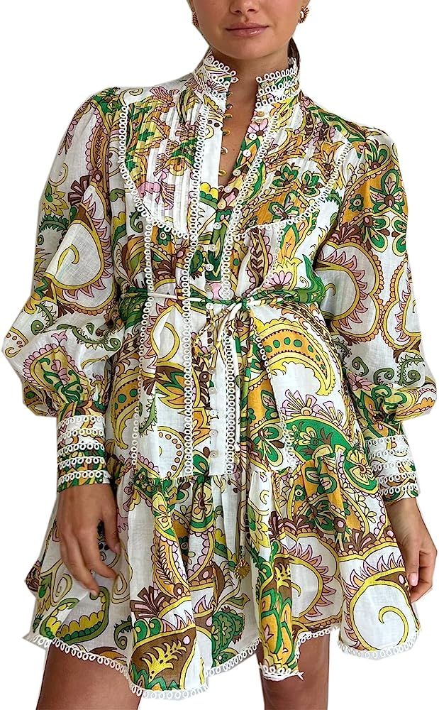 tiptupu Women's Bohemian Floral Print Button Down Long Lantern Sleeve Shift Tunic Dress Casual Ru... | Amazon (US)