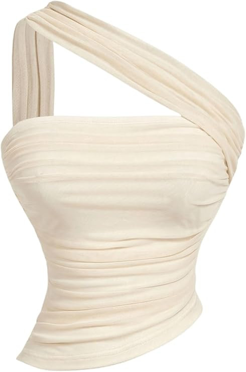 Milumia Women's One Shoulder Tops Ruched Sleeveless Mesh Halter Crop Tube Top | Amazon (US)