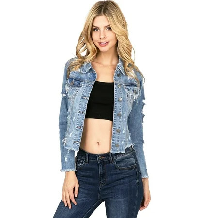 Cello Women's Juniors Distressed Stretchy Cropped Denim Jacket (L, Denim) | Walmart (US)