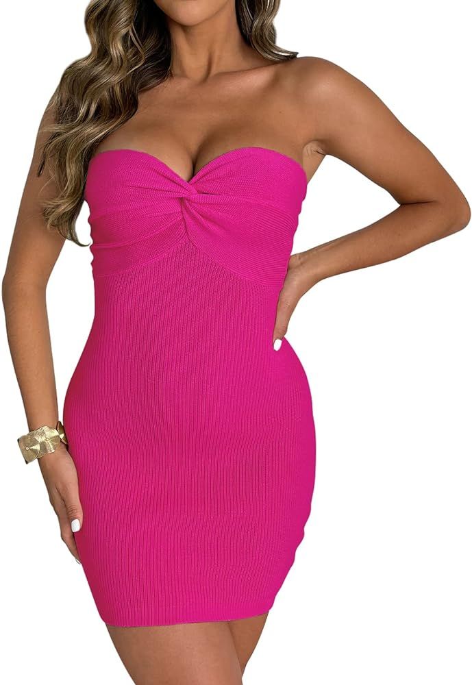ISZPLUSH Women’s Bodycon Dresss Sexy Sweetheart Knit Twisted Strapless Sleeveless Clubwear Part... | Amazon (US)