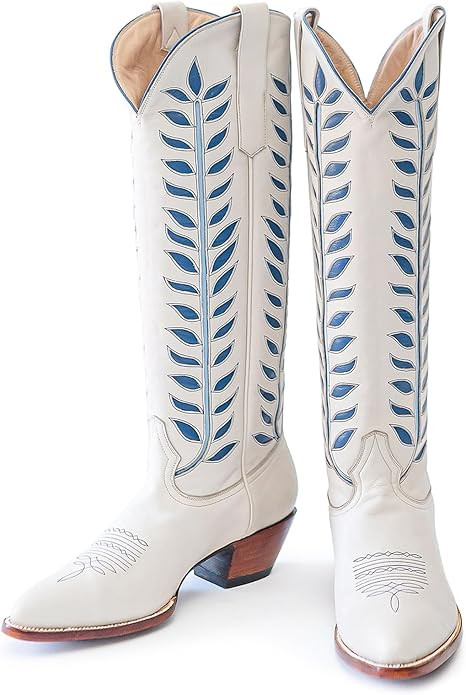 Embroidered Cowboy Boots for Women Almond Round Toe Chunky Heel Cowgirl Boots Pull On Knee High W... | Amazon (US)