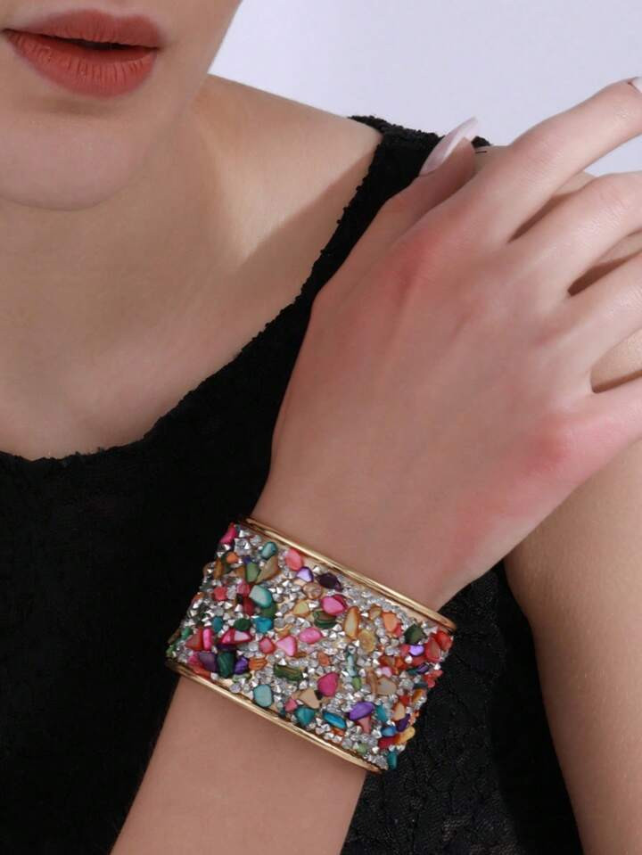 1pc Women's Beaded Cuff Bracelet, Retro Exaggerated C-Shaped Open Color Bracelet, Fashionable Uni... | SHEIN