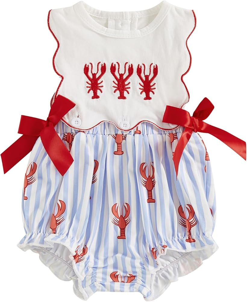 Baby Girl Crawfish Outfit Smocked Bubble Romper Lobster Sleeveless Striped Bodysuit Infant Summer... | Amazon (US)