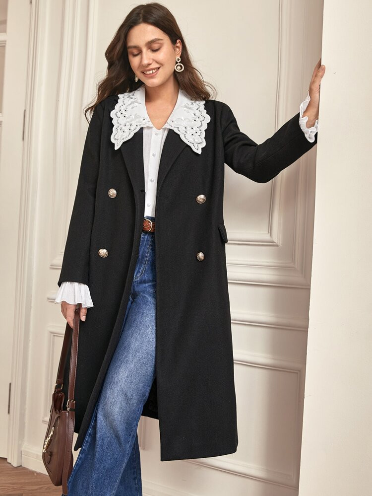 SHEIN Frenchy Lapel Collar Flap Pocket Double Breasted Overcoat Without Belt | SHEIN