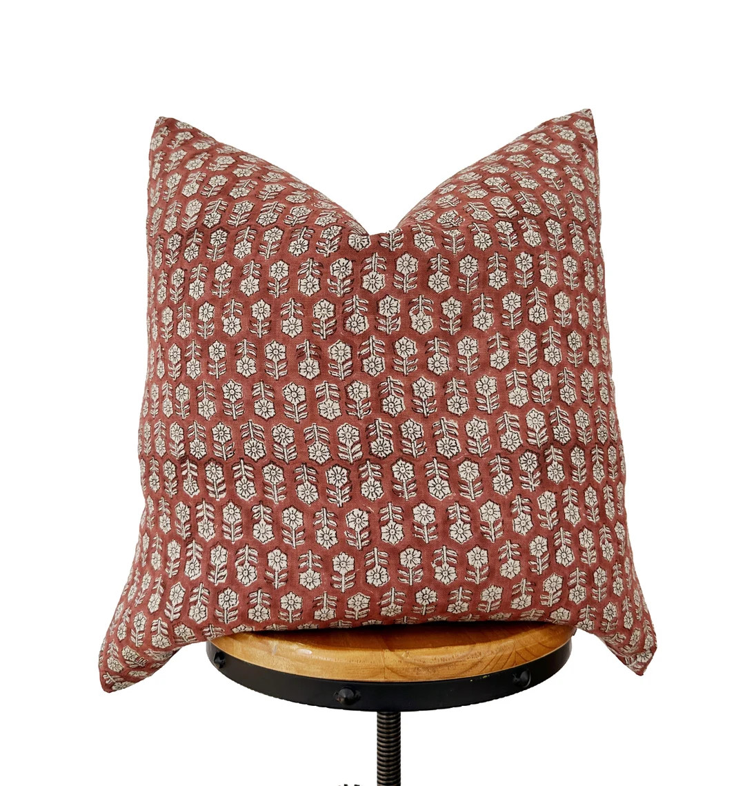 Hand Block Print Linen Pillow Cover: Rusty Red Floral | Etsy (US)