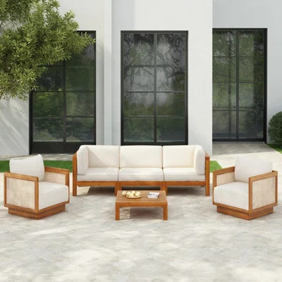 Riehlin Outdoor 6-Piece Acacia Wood Conversation Set With Cushions | Wayfair North America