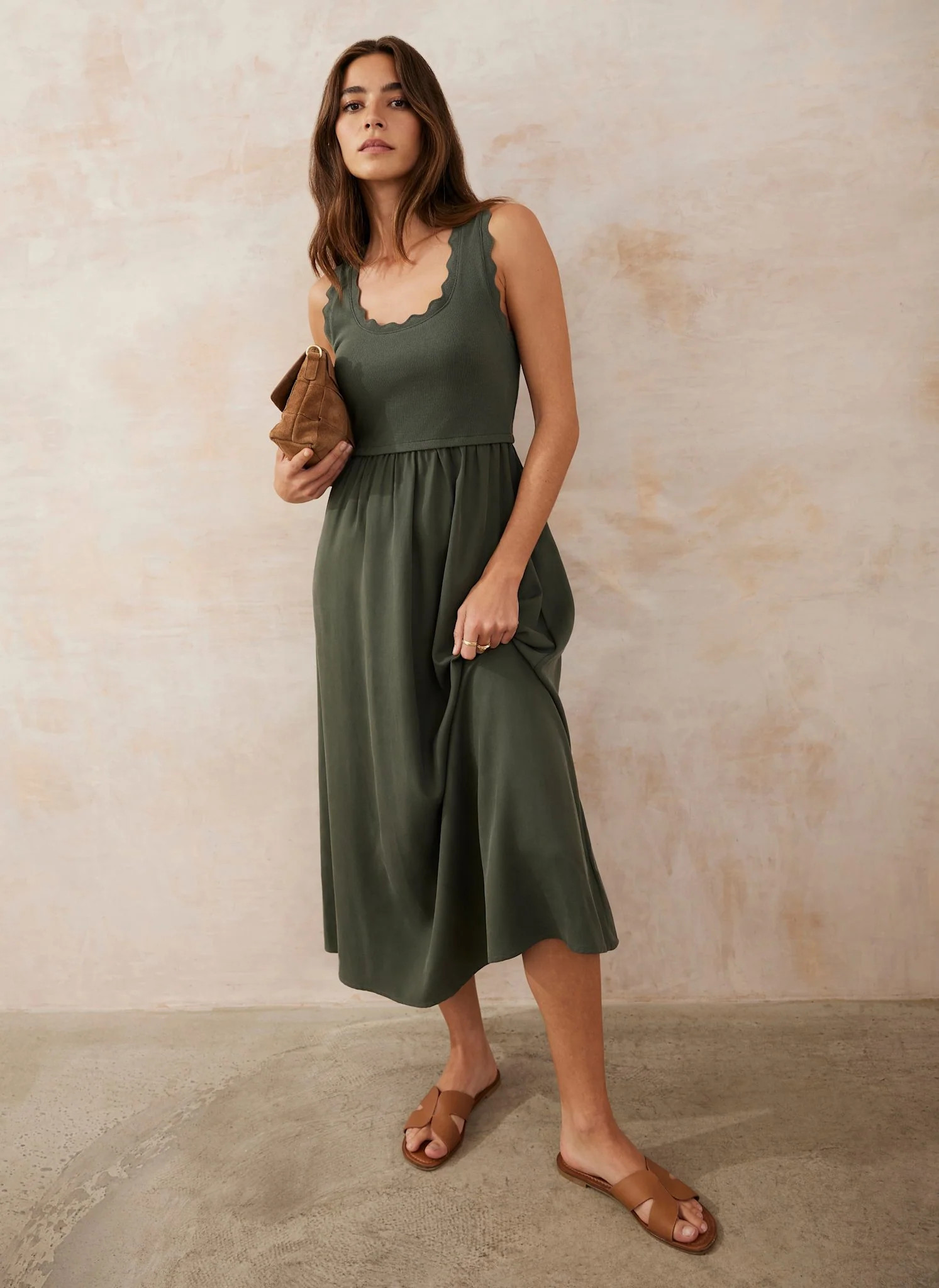 Khaki Scallop Trim Midi Dress | Mint Velvet