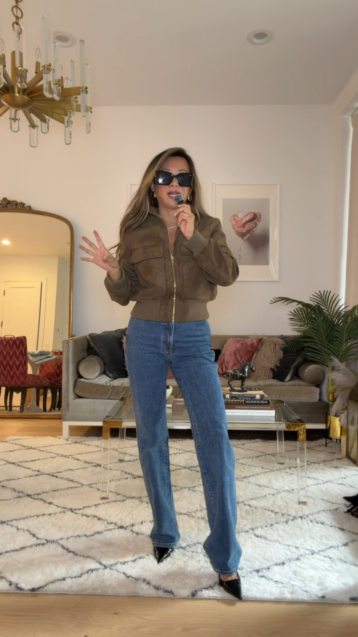 Zara Faux Suede bomber jacket, go-to date night jacket for this fall season. Jacket size small, Khaite straight leg Danielle jeans size 27