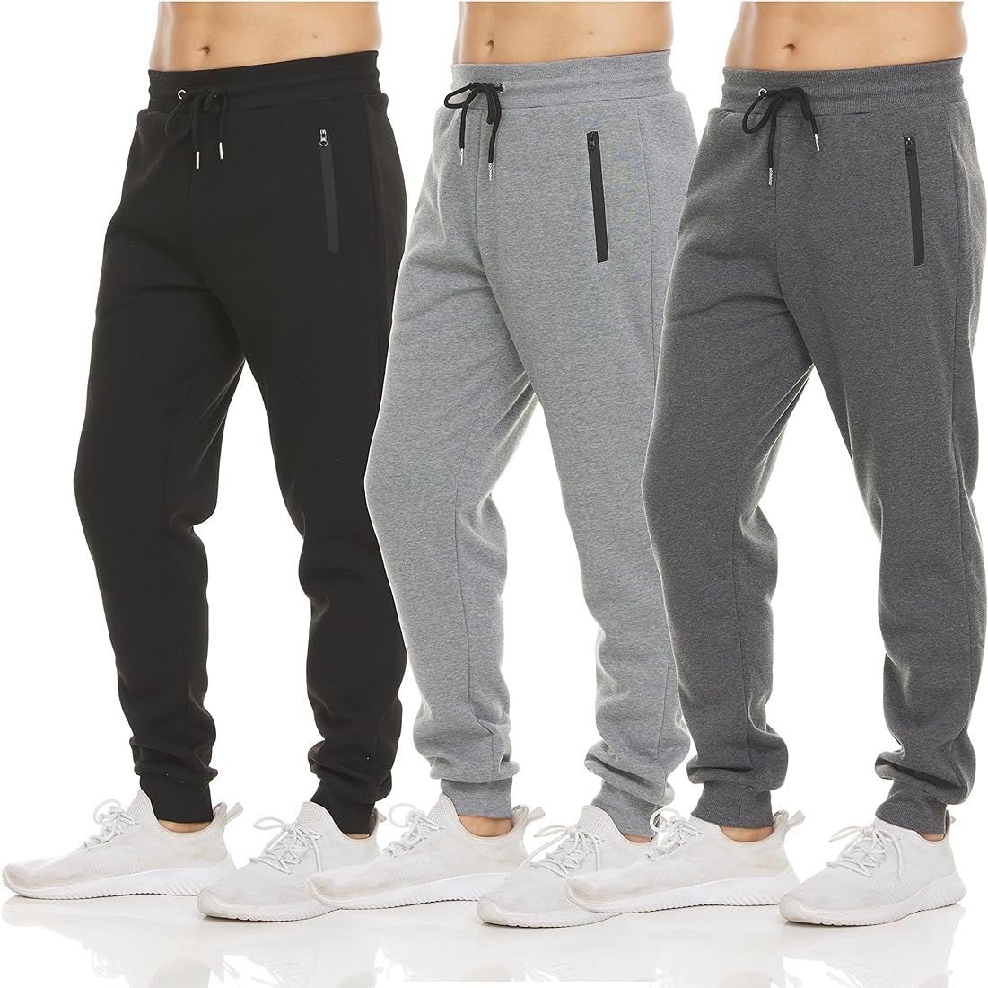 Mens 3 Pack Fleece Active Athletic Workout Jogger Sweatpants for Men with Zipper Pocket and Draws... | Amazon (US)